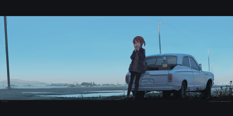 anime girls, 2D, winter, small boobs, short hair, coffee, drinking, brunette, car, sunset, clear sky, brown eyes, original characters, Datsun, Dangerdrop, fan art
