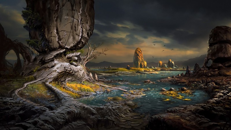 landscape, drawing, rocks, water, roots, clouds, birds, animals, grass, stones