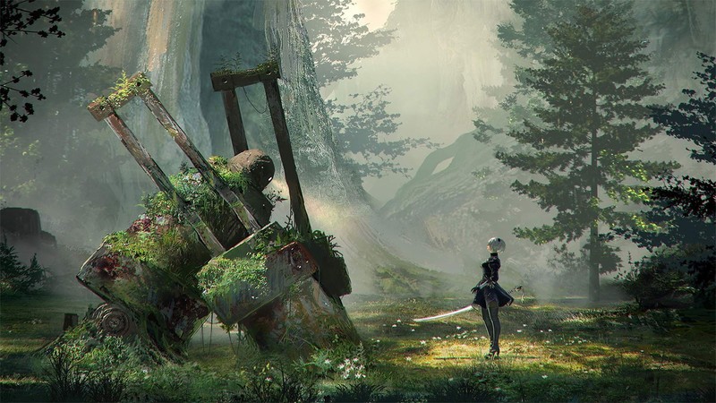 video games, video game art, NieR, katana, robot, cyborg, nature, forest, fan art, digital art, 2B (Nier: Automata), Nier: Automata