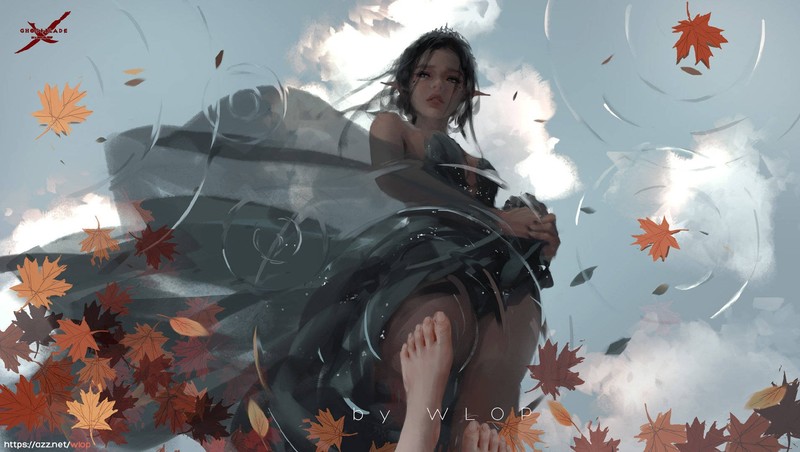 anime girls, artwork, Ghost + Blade, reflection, low-angle, WLOP