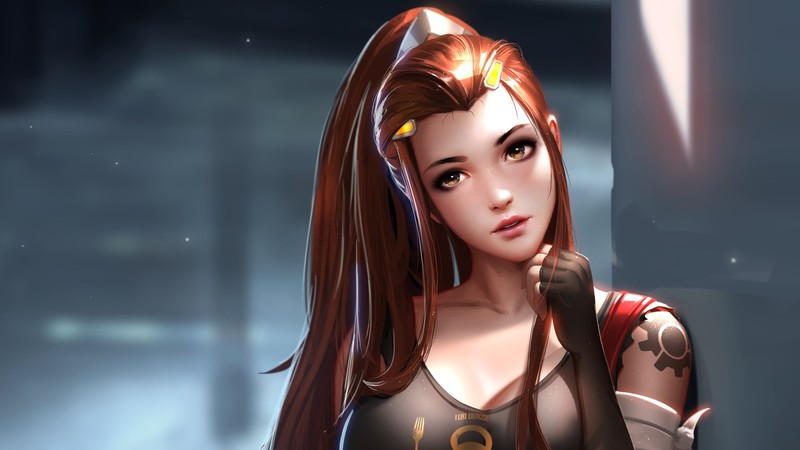 anime, women, shorts, leaning, red, crop top, Brigitte (Overwatch), Liang Xing, Overwatch