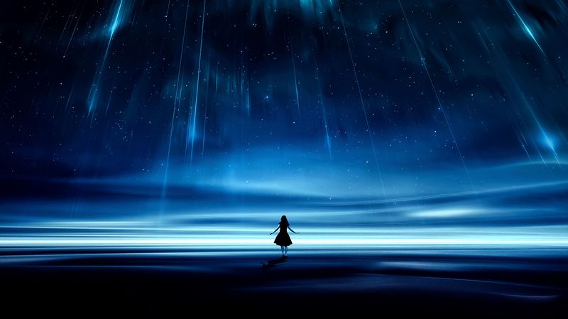 silhouette, starry sky, lights, night, dark, 4k