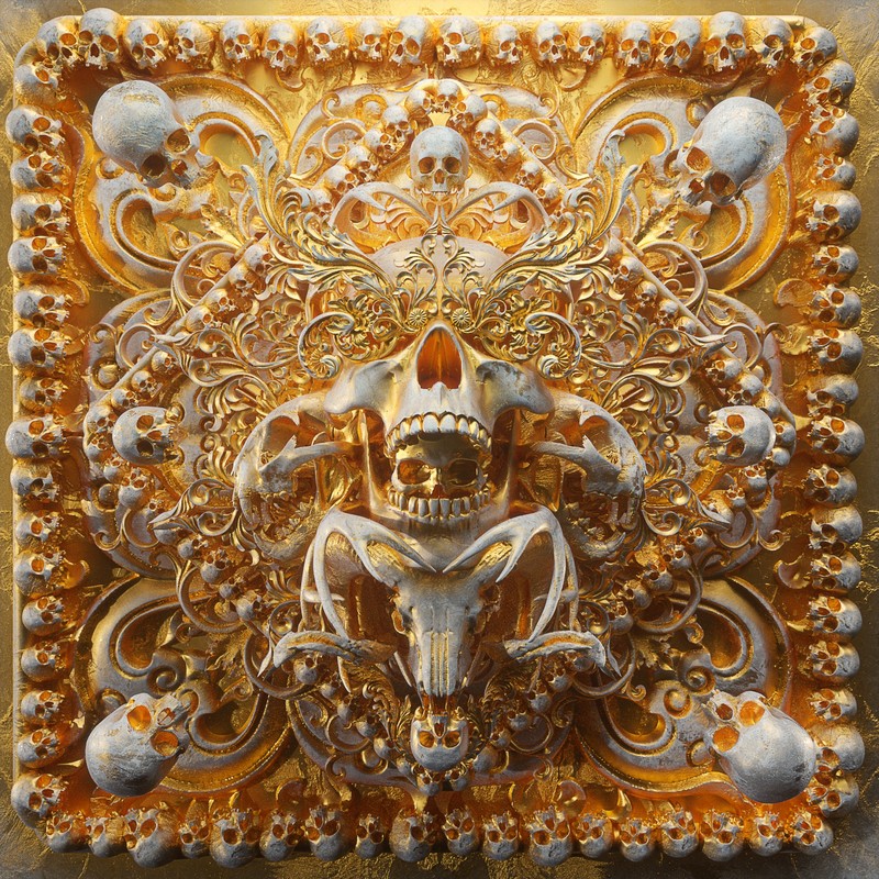 billelis, dark, religion, death, skull, gold