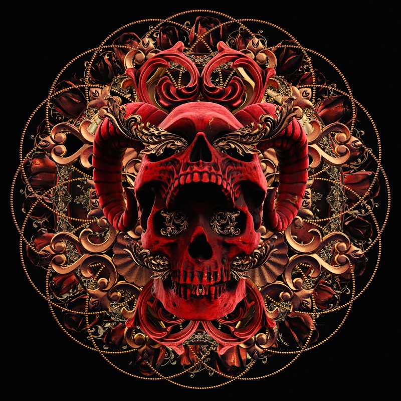 billelis, dark, religion, death, skull, gold, red