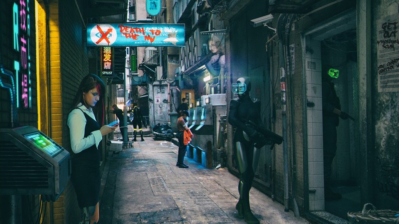 people, cyberpunk, futuristic, city, alleyway, phone, neon glow, weapon, gun