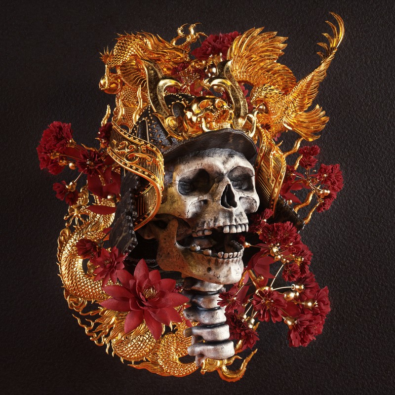 billelis, dark, religion, death, skull, flowers, samurai, gold, red
