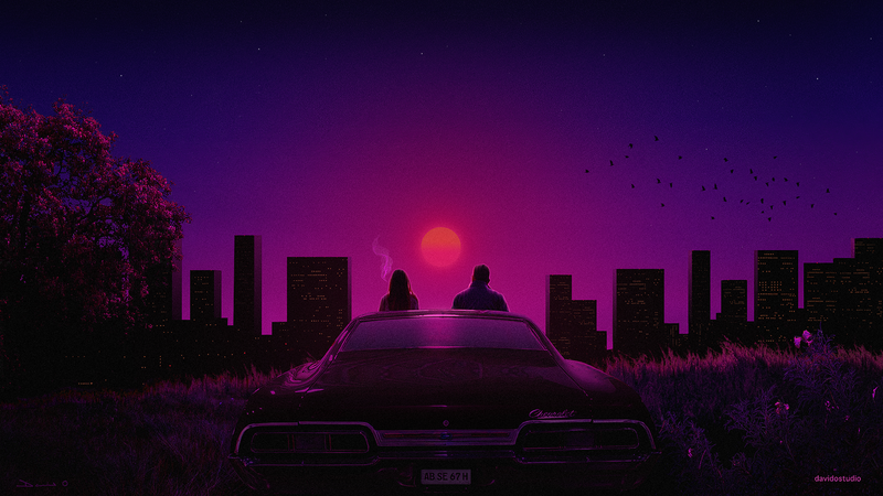 vaporwave, car, Chevrolet, city, skyscraper, trees, birds, sunset, digital art, smoking, stars, couple