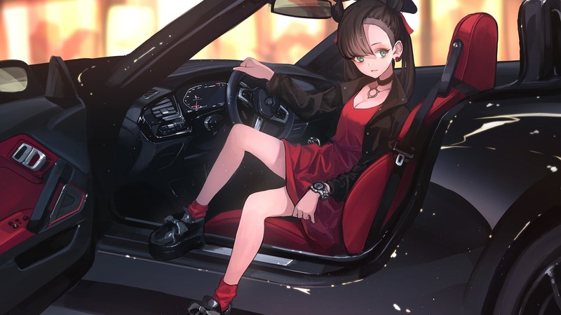 dress, BMW, Convertible, choker, Marnie (Pokemon), inside a car, car