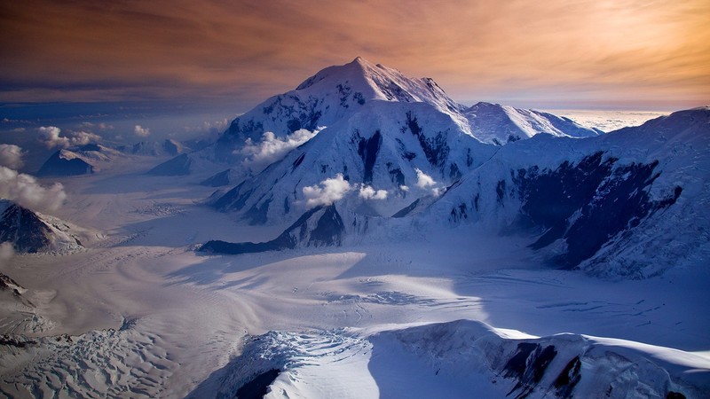 nature, landscape, far view, mountains, clouds, sky, snow, glacier, horizon, snowy mountain, Denali, Alaska, USA, sunset