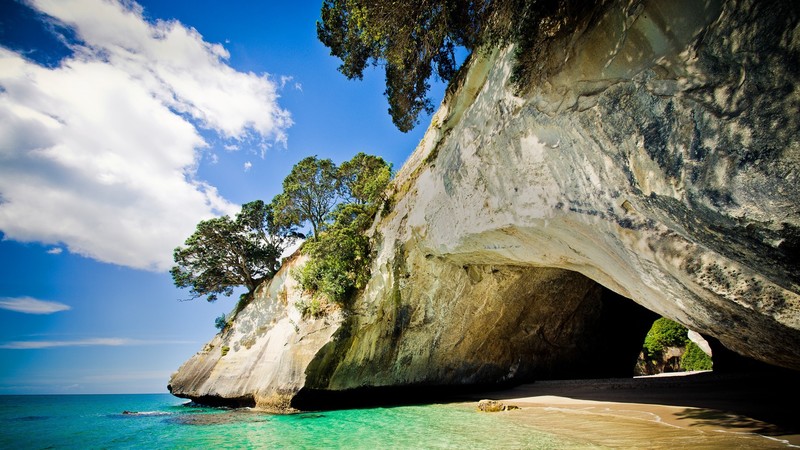 nature, landscape, coves, trees, water, sea, horizon, rocks, sand, water ripples, clouds, sky, Te Whanganui-A-Hei Marine Reserve, New Zealand