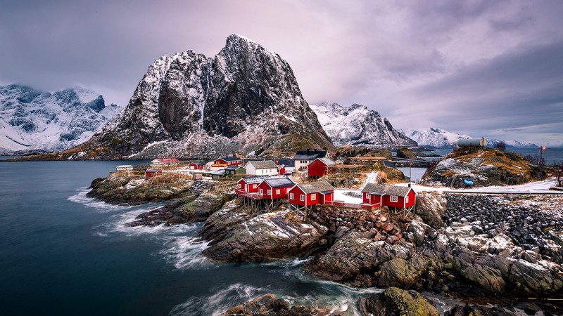 nature, landscape, far view, mountains, snowy mountain, clouds, rocks, water, sea, house, coast, Lofoten Islands, Norway