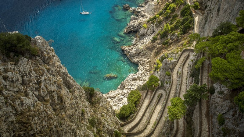 nature, landscape, water, hairpin turns, rocks, coast, trees, boat, sailboats, path, water ripples, limestone, Italy