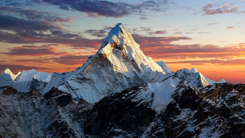 nature, landscape, far view, mountains, rocks, clouds, sky, sunset, snowy mountain, Mount Everest, Nepal