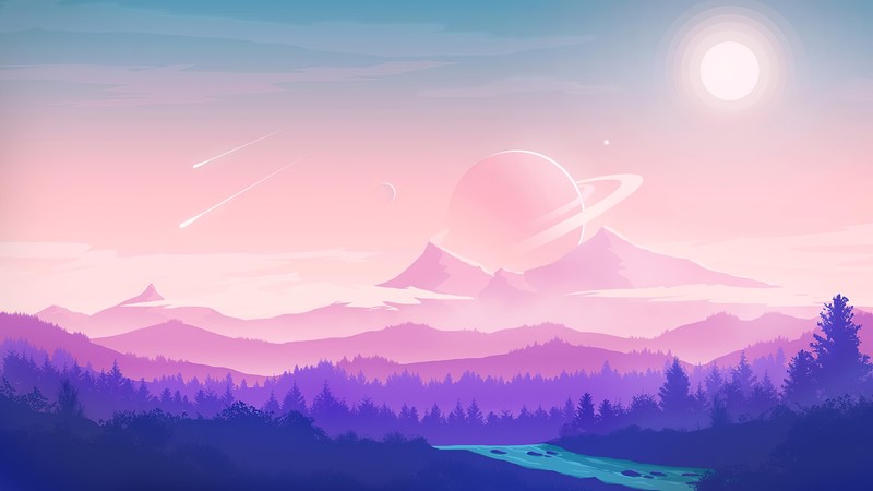 digital art, artwork, fantasy art, planet, Sun, sunlight, nature, forest, trees, mountains, landscape, sky, skyscape, comet, clouds, minimalism, Flatdesign, vector art, illustration, vector