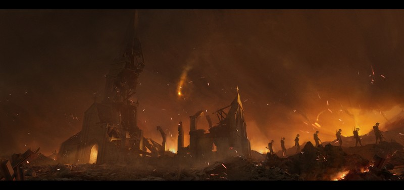 ruins, 1917, fire, artwork, war, soldier