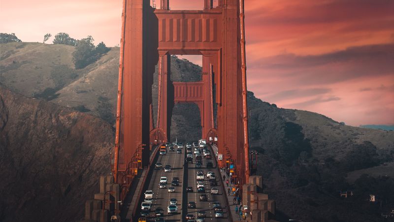 bridge, road, cars, mountains, 4k