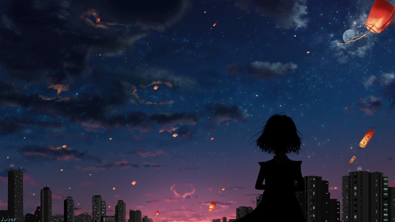 sky, anime, dark, city, clouds, anime girls