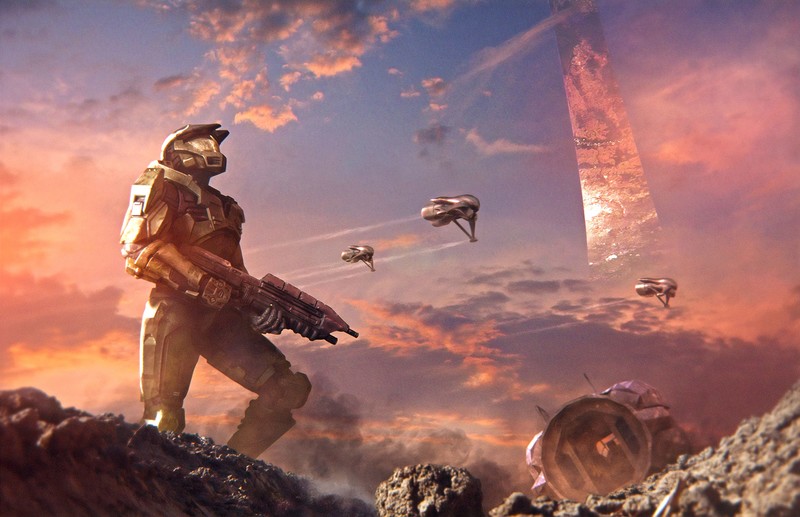 video games, Halo, futuristic armor, Halo CE, Master Chief, Banshee (Halo), assault rifle, video game art, digital art, landscape, video game man