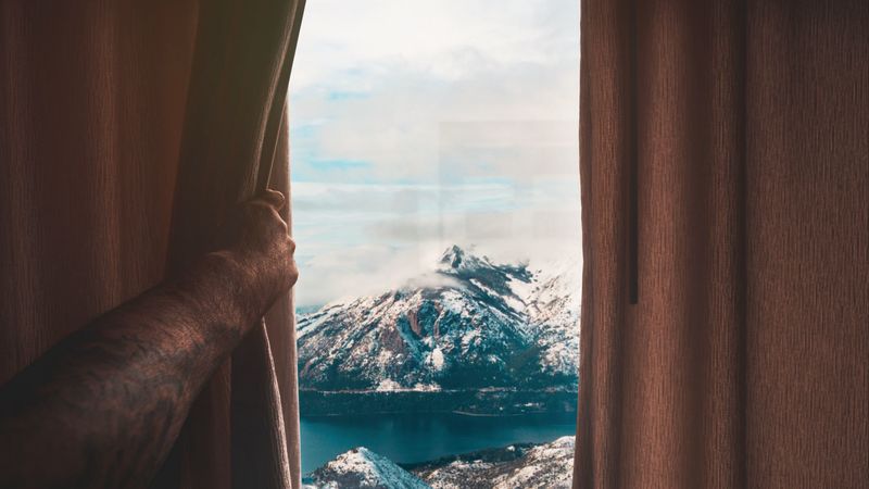 mountains, window, curtain, view, 4k