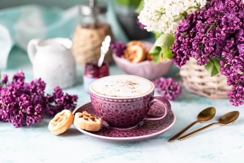 sweets, flowers, coffee, food, cup, colorful, spoon, depth of field