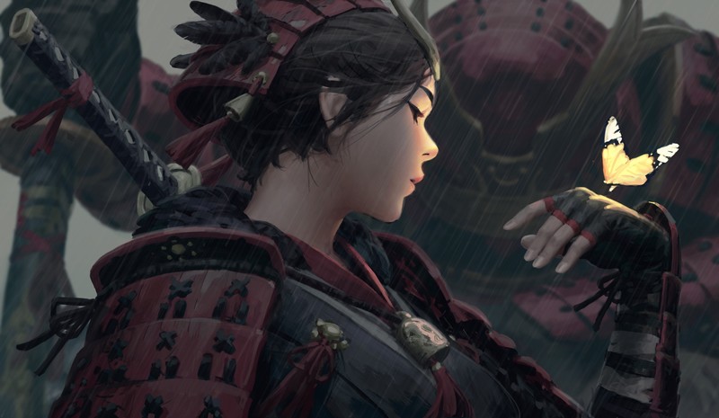 samurai, women, fantasy girl, warrior girls, katana, weapon, armor, Armored, black hair, profile, feathers, helmet, arm warmers, glowing, fantasy art, artwork, drawing, digital art, original characters, illustration, GUWEIZ, Z.W. Gu, portrait