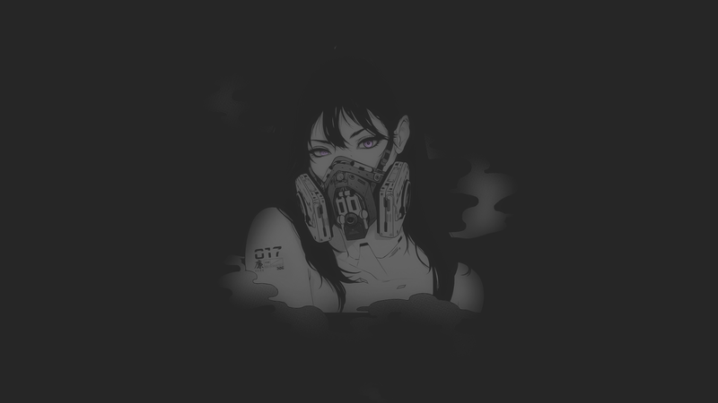 anime, manga, anime girls, fan art, illustration, minimalism, monochrome, selective coloring, dark background, cyberpunk, mask, ArtStation, machine