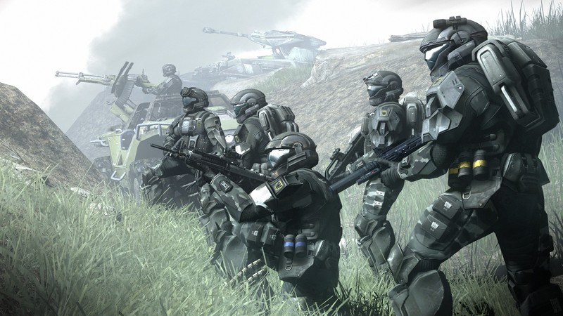 video games, Halo, futuristic armor, ODST, submachine gun, assault rifle, Warthog, Scorpion (Halo), war, soldier, UNSC, digital art, video game art, video game man