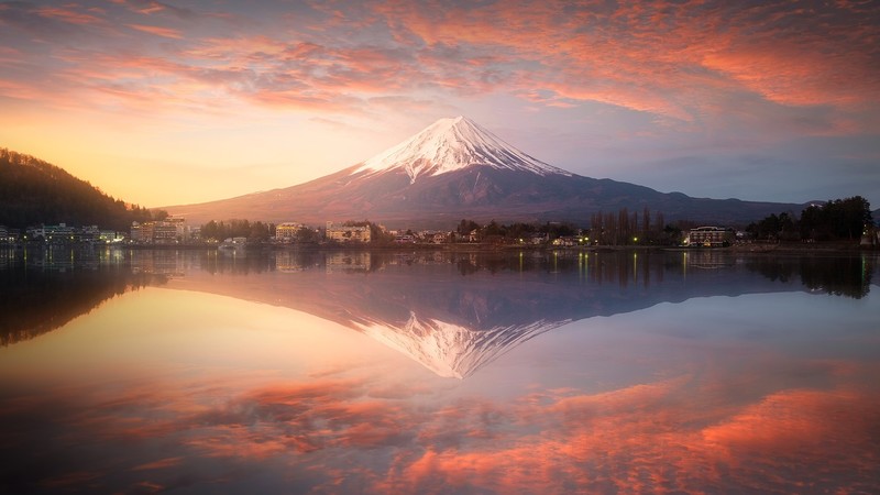 nature, landscape, mountains, water, reflection, trees, town, village, clouds, sky, sunset, Lake Kawaguchi, Mount Fuji, Japan, lake, snowy peak