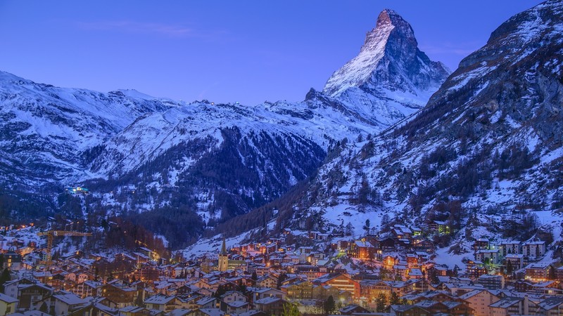nature, landscape, far view, winter, sky, mountains, town, dawn, snow, lights, cranes (machine), Matterhorn, Switzerland, clear sky