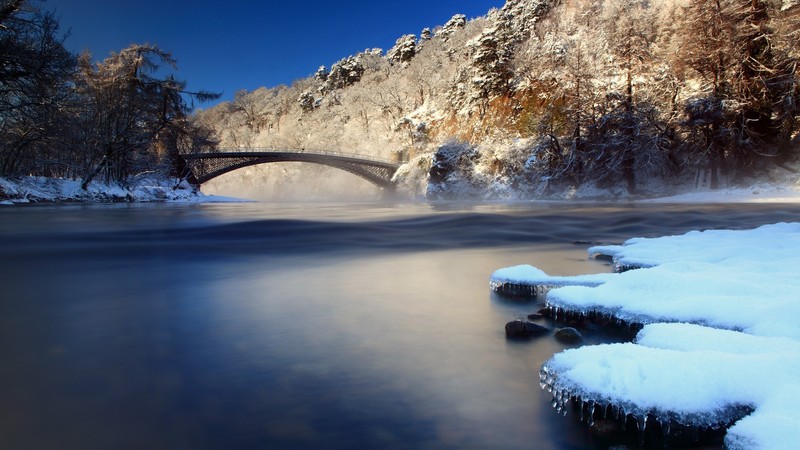 nature, landscape, trees, water, snow, ice, forest, bridge, sky, long exposure, rocks, Scotland, UK, winter