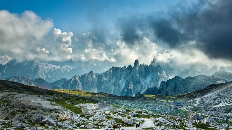 nature, landscape, clouds, sky, mountains, grass, rocks, house, field, Dolomites (mountains), Italy, far view, winter