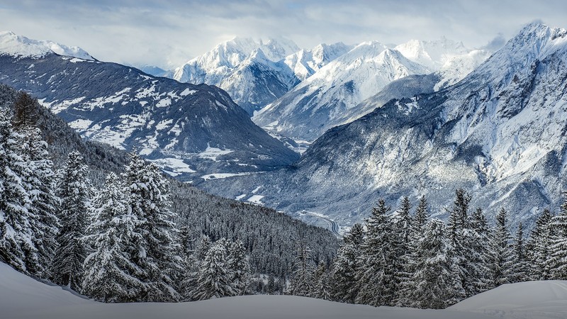 nature, landscape, winter, mountains, snowy mountain, trees, forest, snow, clouds, sky, rocks, Tyrol, Alps, Italy