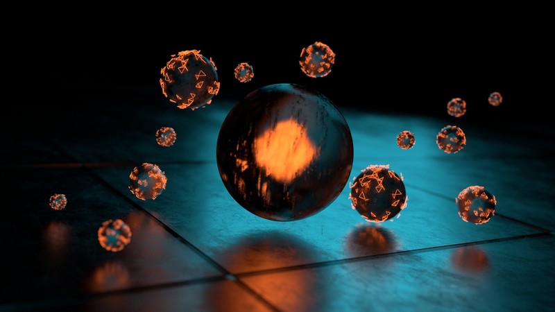 render, sphere, balls, digital art, orange, cyan, dark