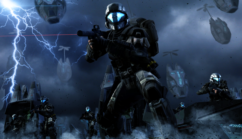 video games, futuristic armor, Halo, Halo 3: ODST, ODST, submachine gun, lightning, soldier, night, video game art, digital art