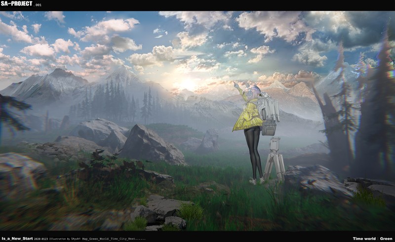 anime, 2D, digital art, artwork, animal ears, headphones, sky, mountains, clouds, landscape