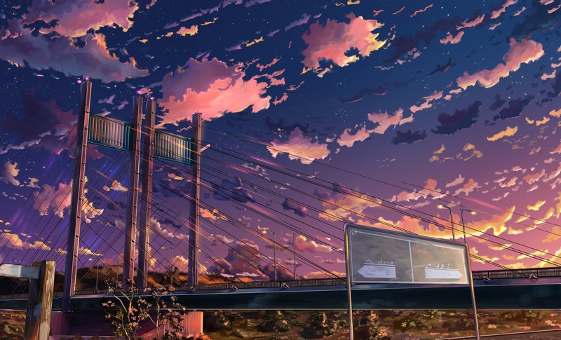 clouds, Nobody, sky, stars, sunset, anime, train