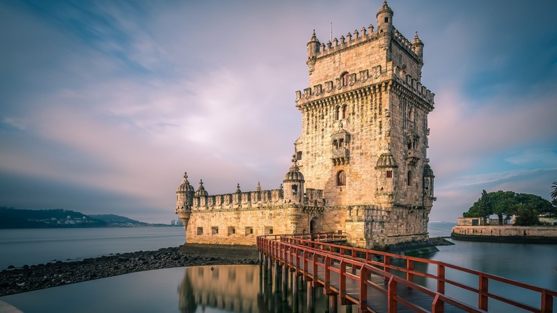 nature, landscape, trees, river, mountains, clouds, sky, reflection, rocks, water, architecture, Torre de Belém, Lisbon, Portugal