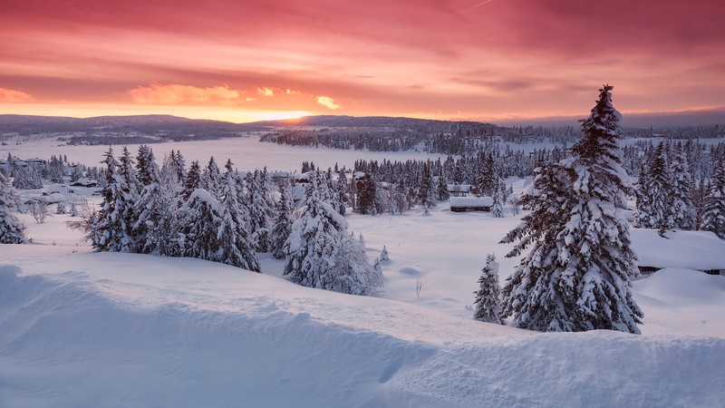 nature, landscape, snow, sunset, pink, house, mountains, clouds, hills, Norway, winter