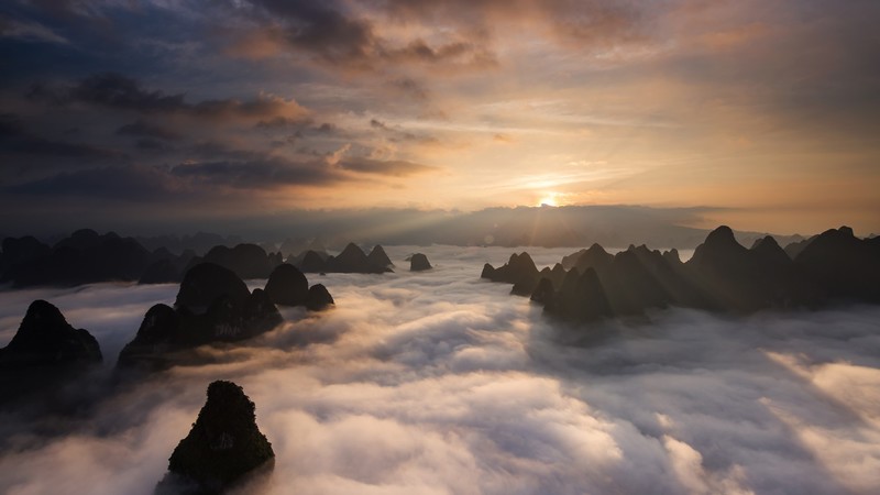 nature, landscape, clouds, sky, mountains, sunrise, sun rays, Guilin, China
