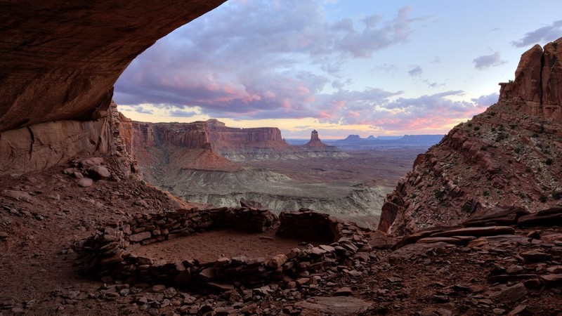 nature, landscape, rocks, cave, canyon, clouds, sky, sunset, mountains, False Kiva, Utah, USA, Canyonlands National Park