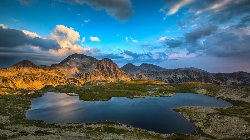 nature, landscape, mountains, lake, rocks, clouds, sky, grass, field, water, sunset, Pirin Mountains, Bulgaria