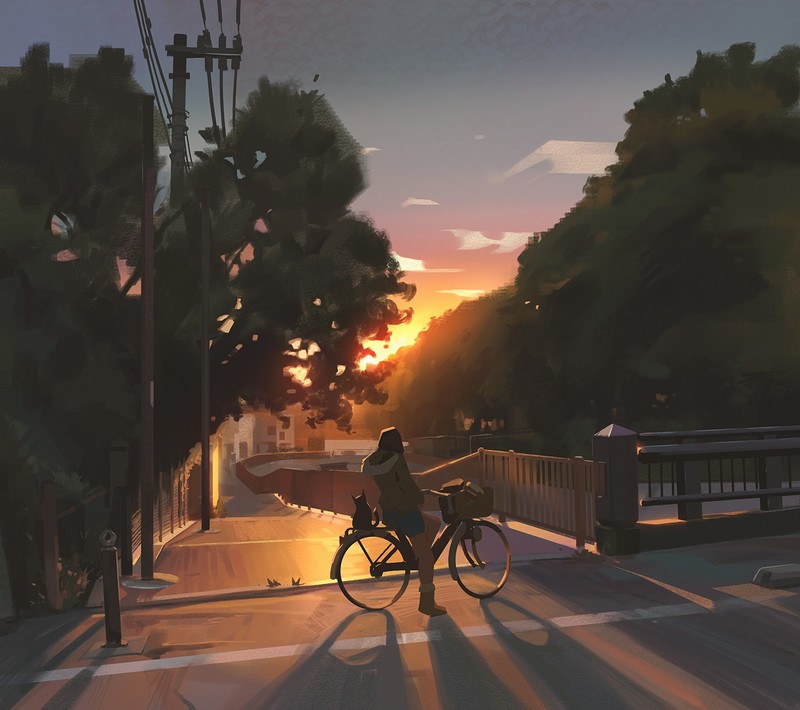 digital art, artwork, clouds, bicycle, trees, sunset, boots, sky
