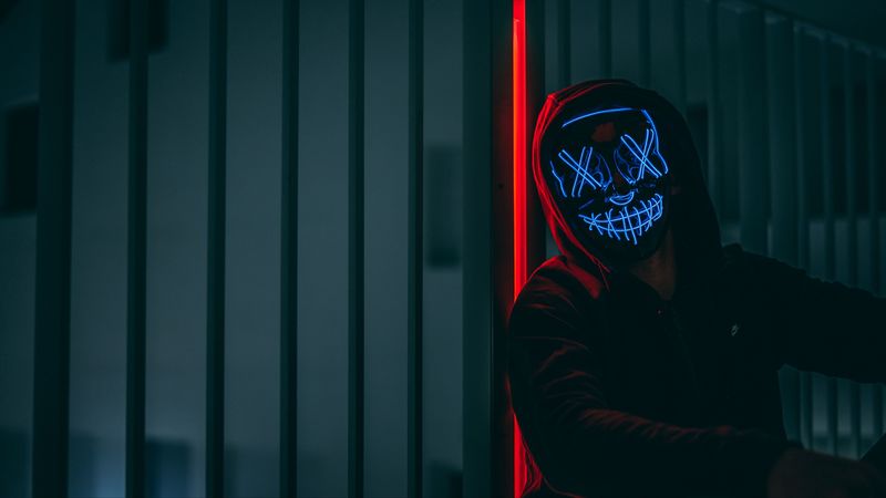 mask, hood, neon, anonymous, glow, 4k