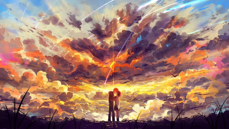 Your Name, Kimi no Na Wa, digital art, artwork, clouds, sunset, grass, kissing