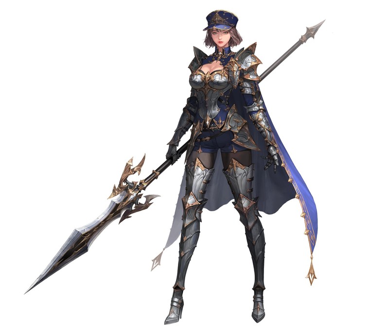 Minsook An, drawing, warrior, weapon, lance, armor, cape, soldier, short hair, white background, simple background