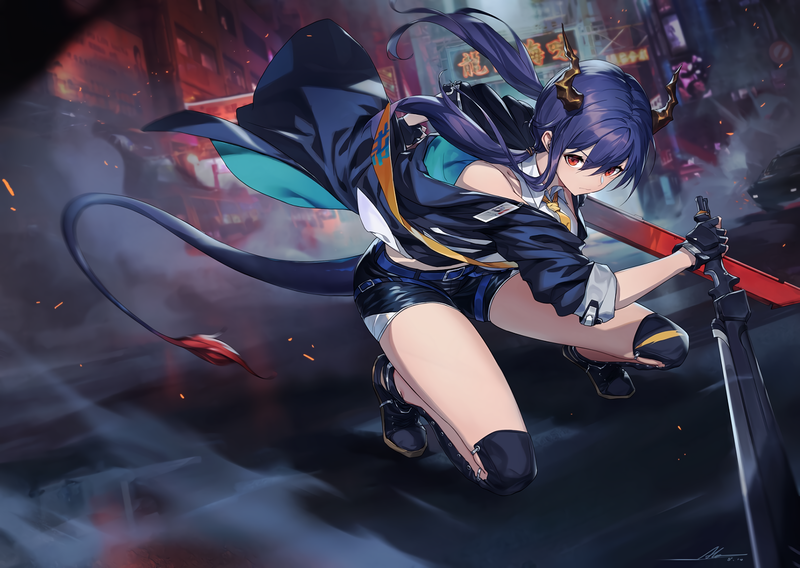 Arknights, thigh-highs, weapon, tail, tie, car, building, city, garter belt, gloves, horns, long hair, purple hair, open shirt, red eyes, short hair, sword, Chen (Arknights)