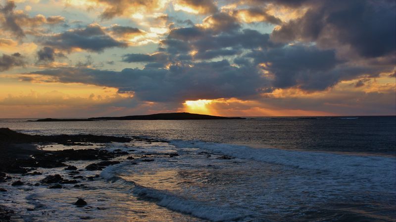 sunset, waves, sky, horizon, 4k