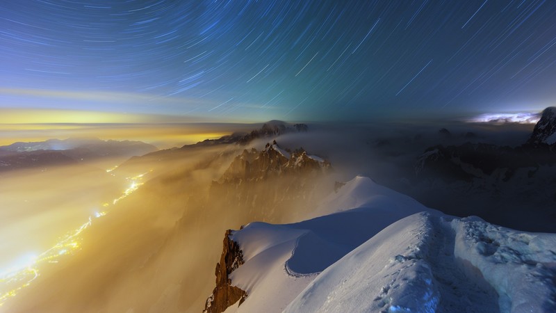 nature, landscape, mountains, snow, night, rocks, valley, horizon, long exposure, lights, Aiguille du Midi, France