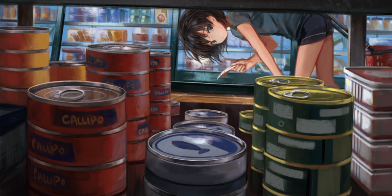 anime, 2D, digital art, artwork, can, food, markets