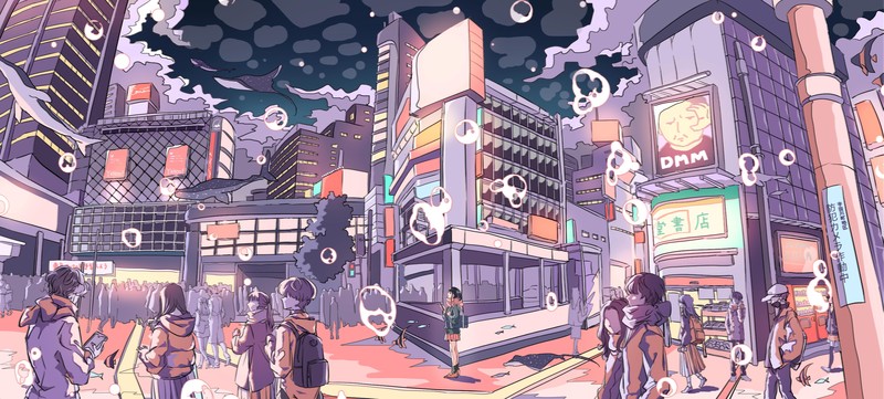 anime, 2D, digital art, artwork, cityscape, bubbles, manta rays, whale